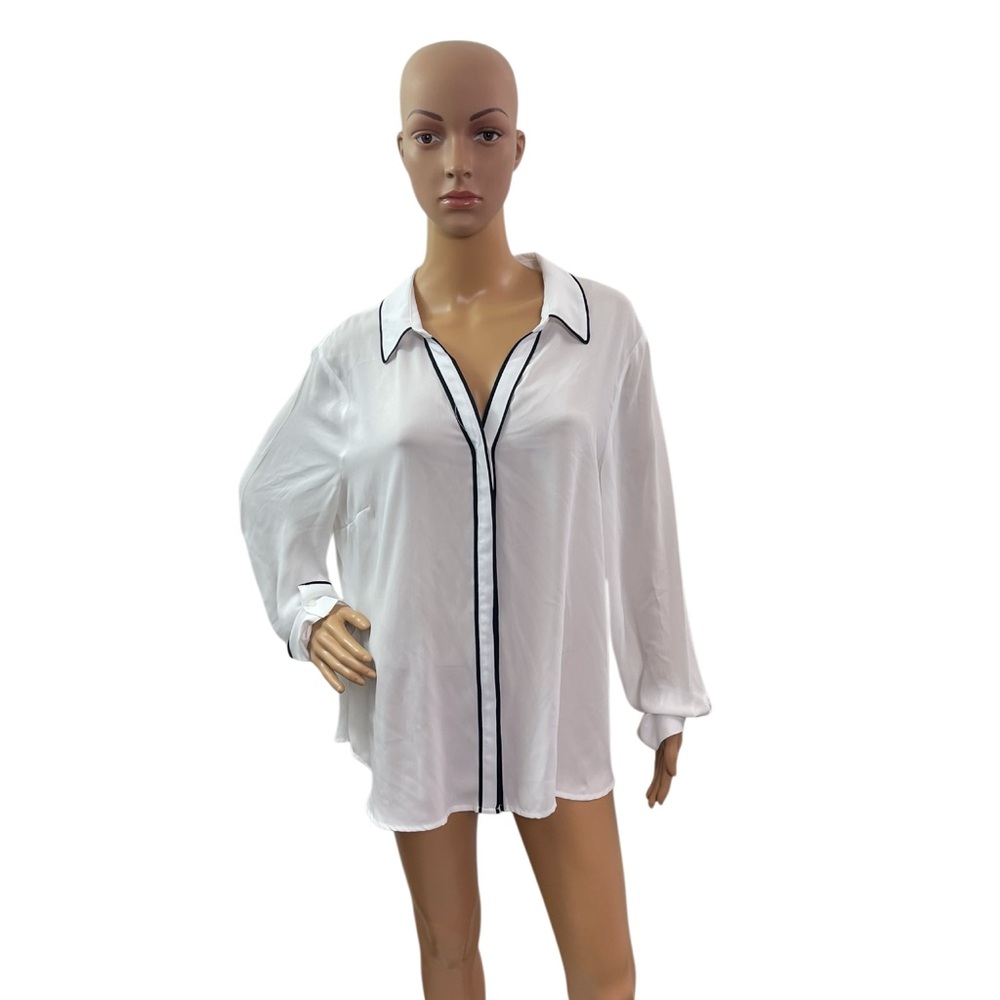 Worthington White Long-Sleeve Blouse with Black Trim